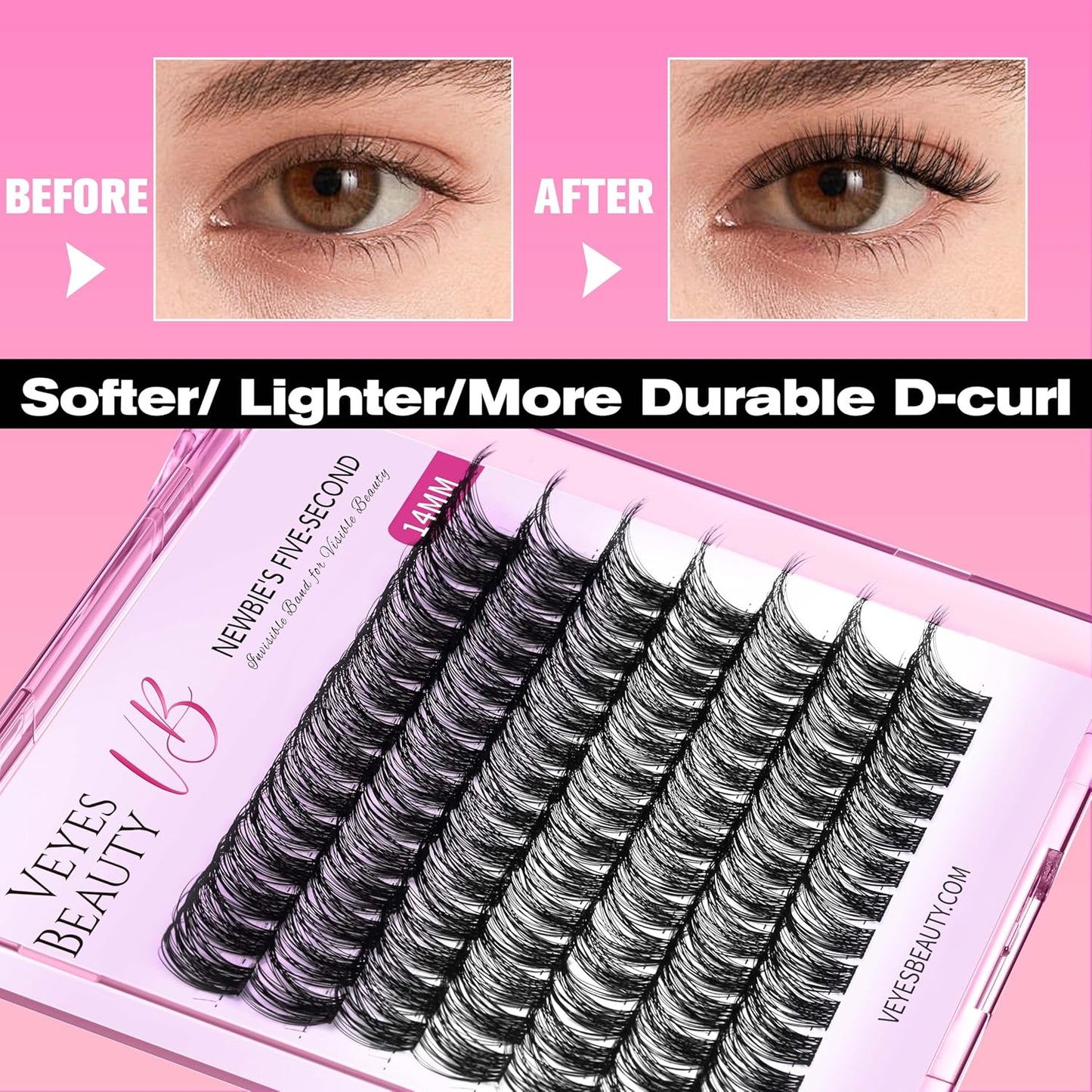 VEYESBEAUTY Lash Clusters Individual Eyelash Extensions Thin & Invisible Band DIY False Eyelashes for Self-application Newbie's Five-Second Series Wispy Lash Tray, Boldeye 10mm Single Length