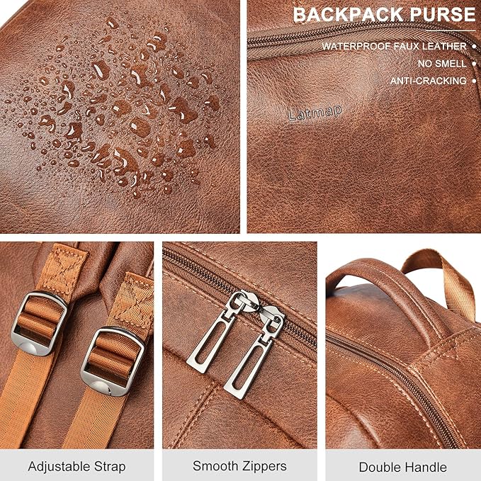 30L Business Laptop Backpack for Women Men, Travel Work Backpack Purse Faux Leather College Bookbag fits 15.6" Laptop - Brown