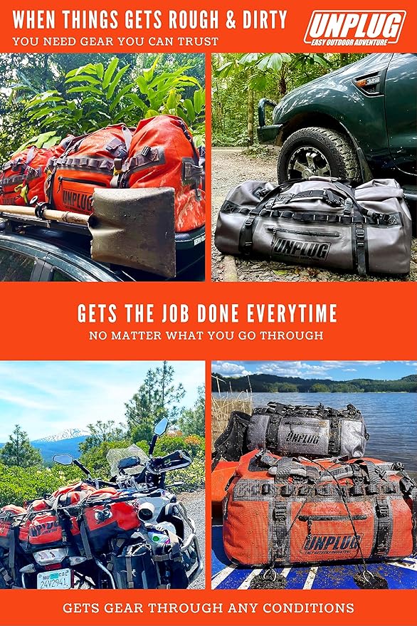 UNPLUG Waterproof Bags for Travel -1680D Heavy Duty Waterproof Duffel Bag for Camping, Motorcycle Dry Bag, Hunting Bag, Bug Out Bag, dry bags for kayaking waterproof boat bag (65L Storm Grey)