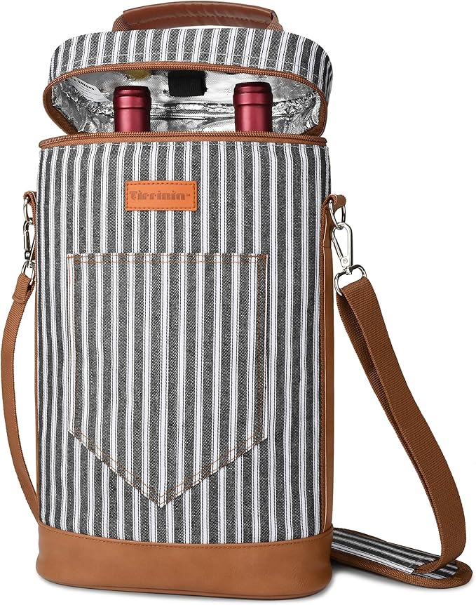 Tirrinia 2 Bottle Wine Gift Tote Carrier - Leakproof & Insulated Padded Versatile Wine Cooler Bag for Travel, BYOB Restaurant, Wine Tasting, Party, Dinner,Gift for Wine Lovers, Black Stripe