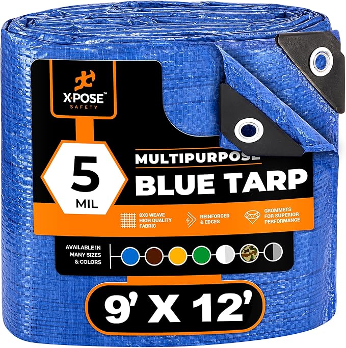 Better Blue Poly Tarp 9' x 12' - Multipurpose Protective Cover - Lightweight, Durable, Waterproof, Weather Proof - 5 Mil Thick Polyethylene - by Xpose Safety