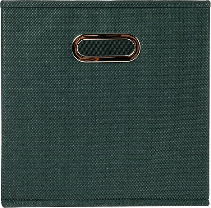 Household Essentials Fabric Storage Cube Bins, 6 Piece Set, Strong Poly-Woven Fabric, Chipboard Sides, Grommet Front Handle, Stackable and Foldable, Classic Design, Dark Green