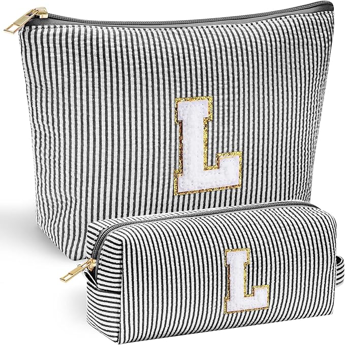 YOOLIFE Initial Makeup Bag for Women - Teen Girl Gifts Trendy Stuff Monogram Cute Makeup Bags Make Up Case for Women Her Best Friend Friendship Sister Teacher Birthday Gifts for Women Mom Black L
