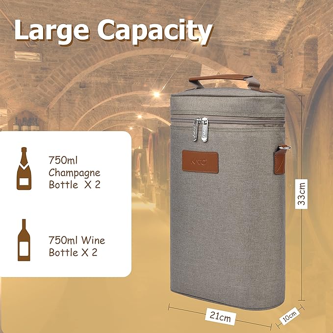 Tirrinia 2 Bottle Wine Gift Tote Carrier - Leakproof & Insulated Padded Versatile Wine Cooler Bag for Travel, BYOB Restaurant, Wine Tasting, Party, Dinner,Gift for Wine Lovers,Grey