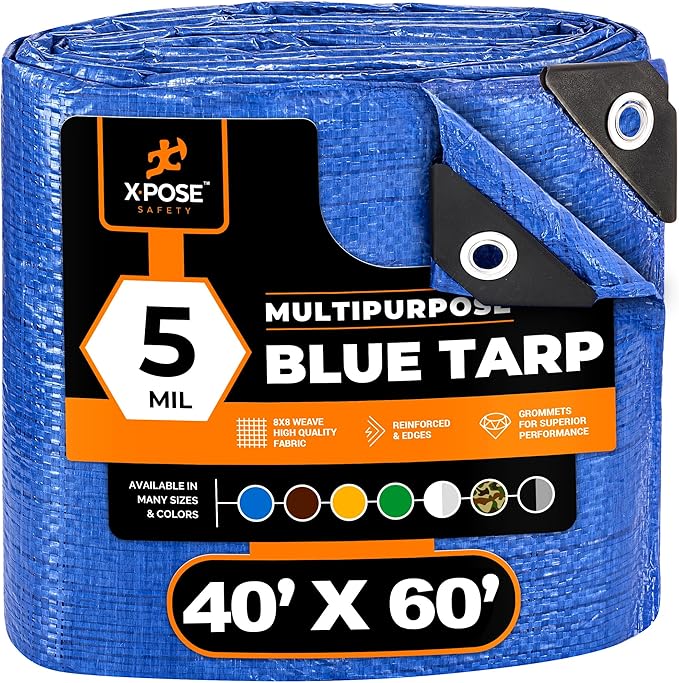 Better Blue Poly Tarp 40' x 60' - Multipurpose Protective Cover - Lightweight, Durable, Waterproof, Weather Proof - 5 Mil Thick Polyethylene - by Xpose Safety