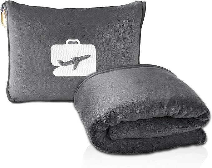 EverSnug Travel Blanket and Pillow - Ultra-Soft, Compact & Lightweight, 65x40 Inches, with Carry Case, Luggage Sleeve & Backpack Clip for Airplane Comfort (Grey)