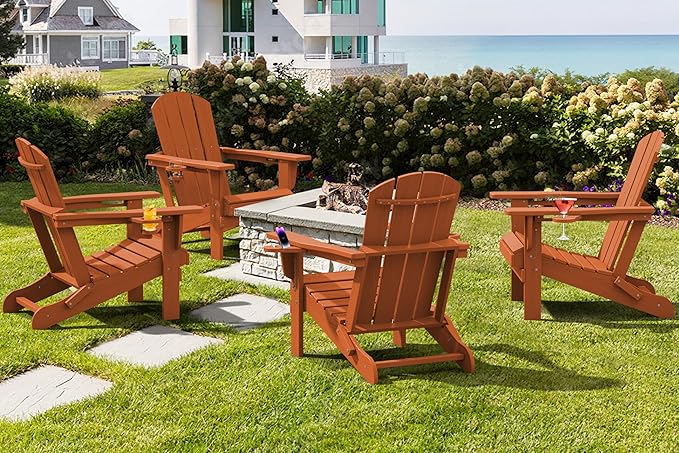 SERWALL Adirondack Chair with Cup Holders - Composite Adirondack Chairs Set of 4 HDPE Outdoor Chairs All Weather Use- Orange