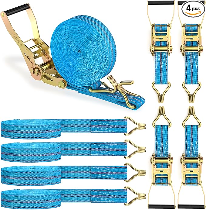 4Pack Heavy Duty Ratchet Straps, 2” 32Ft Ratchet Tie Down Strap, Tie Down Ratcheting with Double J Hook, 4000 LB Break Strength Cargo Straps Ratcheting for Moving Cargo, Lawn Equipment and Motorcycles