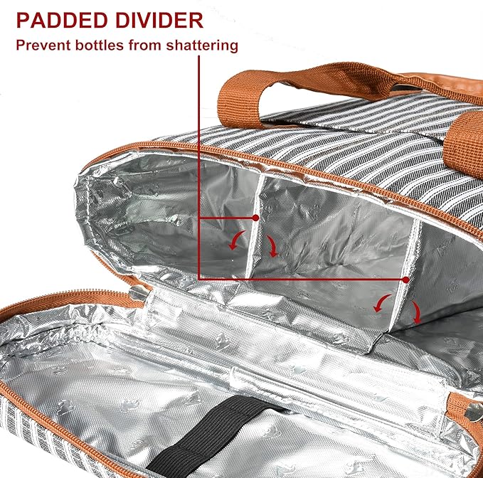 Tirrinia Insulated Wine Gift carrier - 3 Bottle Travel Padded Wine Carry Cooler Tote Bag with Handle and Adjustable Shoulder Strap, Black Stripe