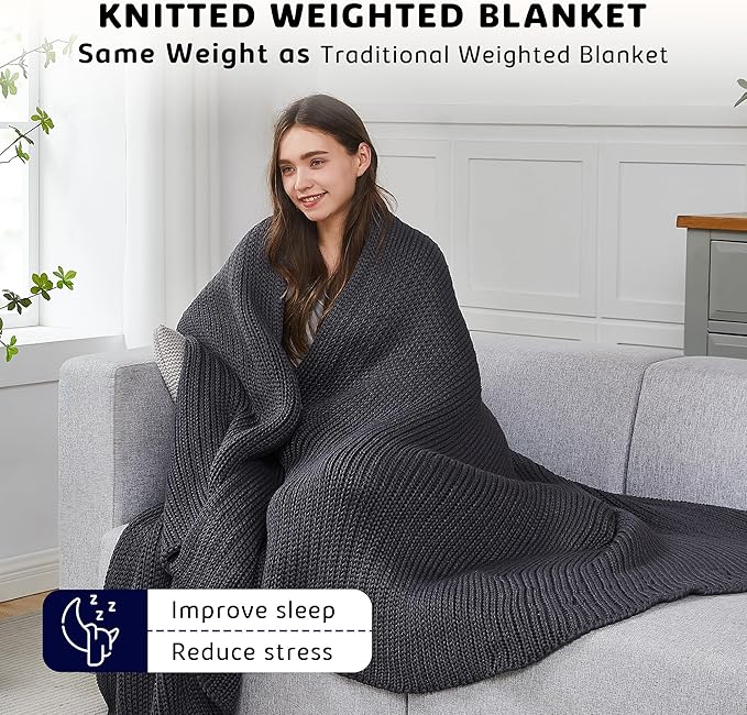 L'AGRATY Knitted Weighted Blanket - 48"x72" 12lbs Cooling Chunky Knit Heavy Blanket for Adults Braided Crochet Throw Thick Cable Yarn Knit Decorative No Beads Evenly Weighted Machine Washable
