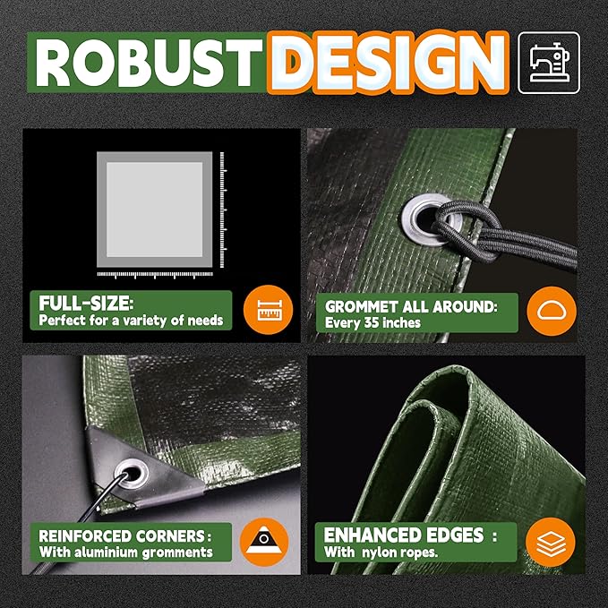 15x15 Feet Tarp Waterproof,9Mil Thick,Finished Size Tarps,UV Resistant,Durable,Multipurpose Poly Tarp Cover with Metal Grommets and Reinforced Edges,Green/Black by RAINDEWAY