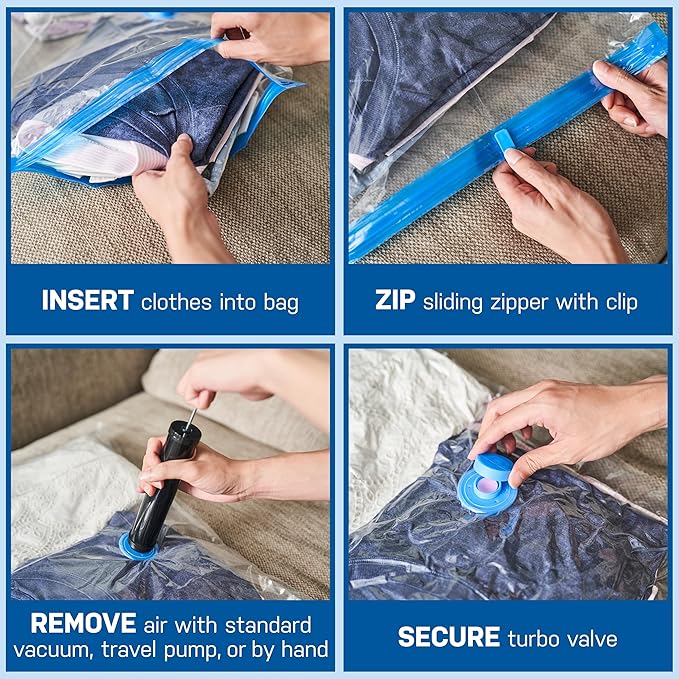 4 Pack Large Vacuum Storage Bags for Comforters, Blankets & Clothes – Vacuum Sealed Compression Bags with Hand Pump – Space Saver Storage Bags for Bedding, Moving, Travel & Organization