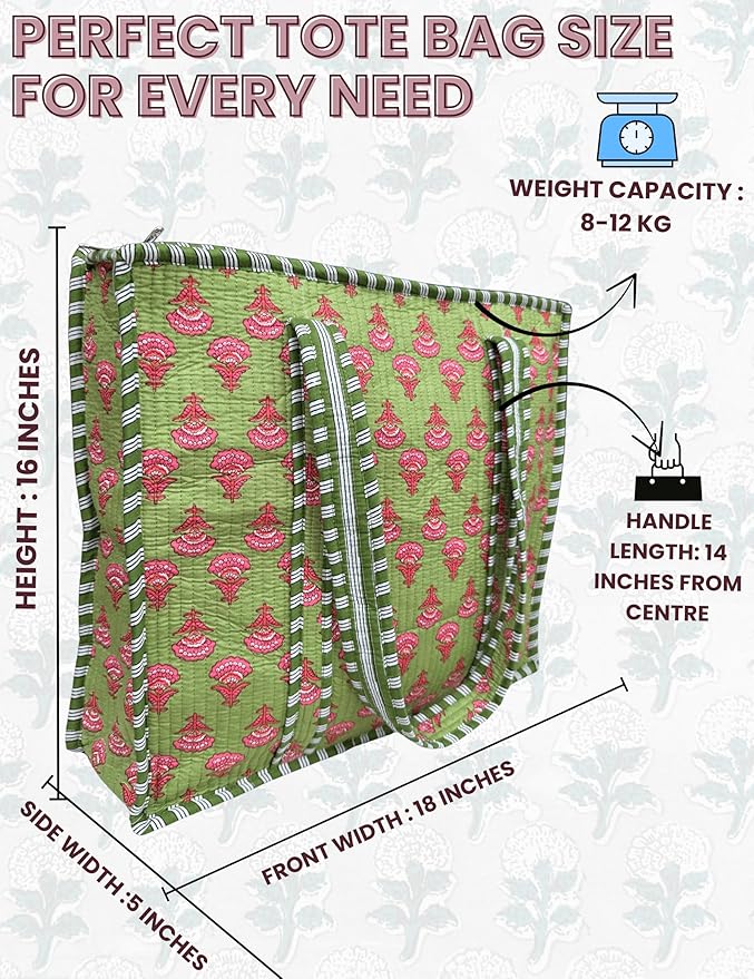 Cotton Quilted Tote Bag for Women – Large Beach & Travel Tote with Zipper, Reusable Grocery Bag
