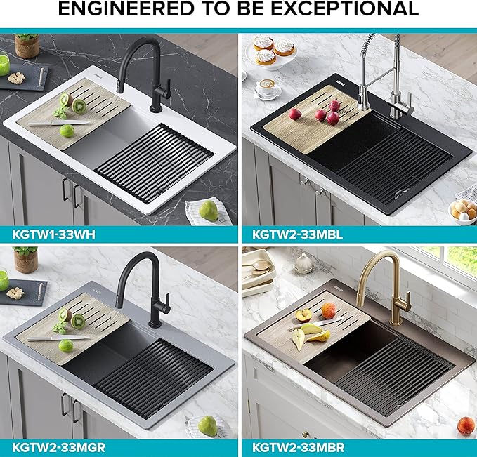 KRAUS Bellucci Workstation 33 in. Drop In Single Bowl Granite Kitchen Sink in White with Accessories, KGTW1-33WH