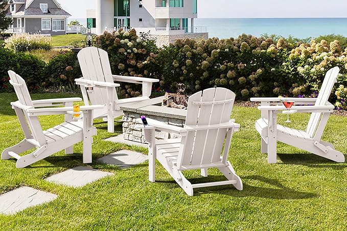 SERWALL Adirondack Chair with Cup Holders - Composite Adirondack Chairs Set of 8 HDPE Outdoor Chairs All Weather Use- White