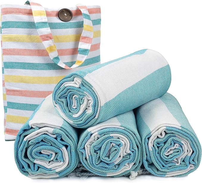 HILLFAIR Cotton Turkish Beach Towels, Quick Dry Lightweight Sand Free Peshtemal Towel for Bath Swim Yoga Spa Travel, Beach Accessories, Oversized Cotton Turkish Towels (39 x 72 inch- 4 Pack Sea)