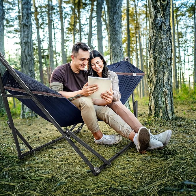 Tranquillo Universal Double Hammock with Stand Included for 2 Persons/Foldable Hammock Stand 600 lbs Capacity Portable Case - Inhouse, Outdoor, Camping, Aegean