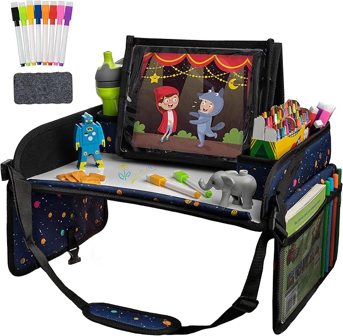 Lusso Gear Car Seat Activity Tray - 600D Oxford Cloth, Planets - Toddler Lap Tray for Kids with Tablet Holder, Dry Erase Top, Mesh Pockets & Cup Holder - Travel Accessories & Airplane Seat Organizer