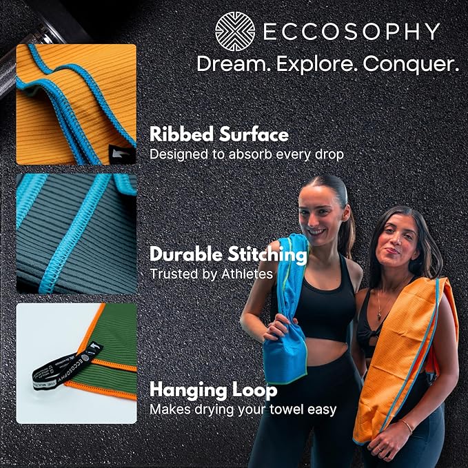 ECCOSOPHY Microfiber Beach Towel – Quick Dry Gym Towel, Highly Absorbent with Ribbed Texture, Lightweight – Ideal for Travel, Pool, Yoga, Fitness & Outdoor Adventures – 60x30 Charcoal