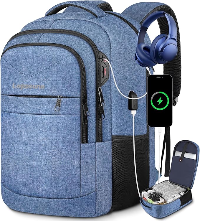 Lapsouno Extra Large Travel Backpack, TSA Laptop Backpack, 17 inch Bag with USB Port, 40L Carry on College School Computer Bag for Men Women, Blue