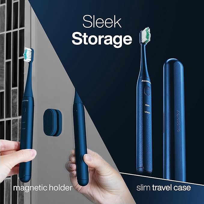 Aquasonic Icon ADA-Accepted Rechargeable Toothbrush | Magnetic Holder & Slim Travel Case | 2 Brushing Modes & Smart Timers | Gentle Micro-Vibrations (Navy)