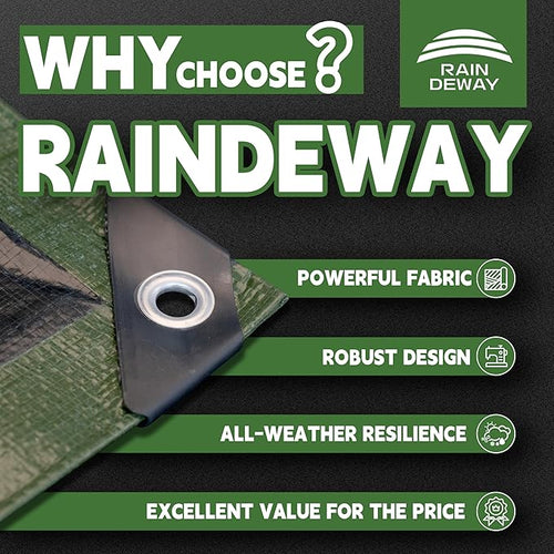 15x30 Feet Tarp Waterproof,9Mil Thick,Finished Size Tarps,UV Resistant,Durable,Multipurpose Poly Tarp Cover with Metal Grommets and Reinforced Edges,Green/Black by RAINDEWAY
