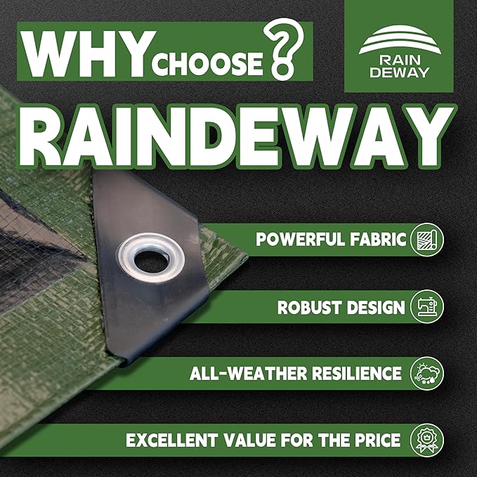 15x15 Feet Tarp Waterproof,9Mil Thick,Finished Size Tarps,UV Resistant,Durable,Multipurpose Poly Tarp Cover with Metal Grommets and Reinforced Edges,Green/Black by RAINDEWAY