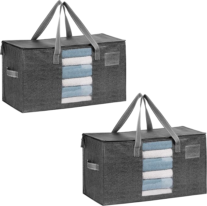 VENO 2 Pack Moving Bags, Comforter and Blanket Storage Bags for Closet, Moving Boxes, Boxes with Lids Alternative, College Dorm Packing Supplies, Foldable Heavy-Duty Tote with Window (Gray, 2 Pack)