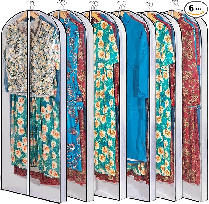 Clear Garment Storage with 4" Gusseted Hanging Covers - Durable, Transparent Protectors for Long Coats, Gowns, Dresses - 24"x 60"x 4" / 6 Pack