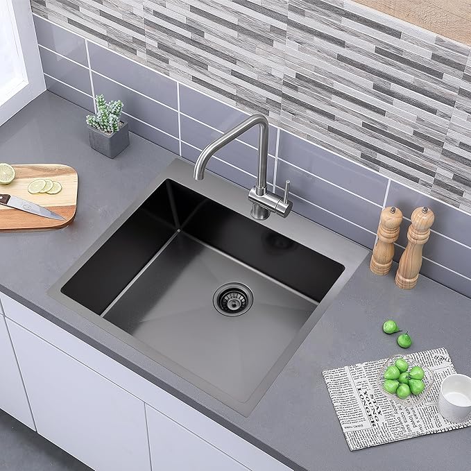 Comllen 25 x 22 Inch Drop In Black Kitchen Sink,Topmount 16 Gauge Stainless Steel Black Kitchen Sinks, 9 Inch Deep Utility RV Sink with Dish Grid and Basket Strainer