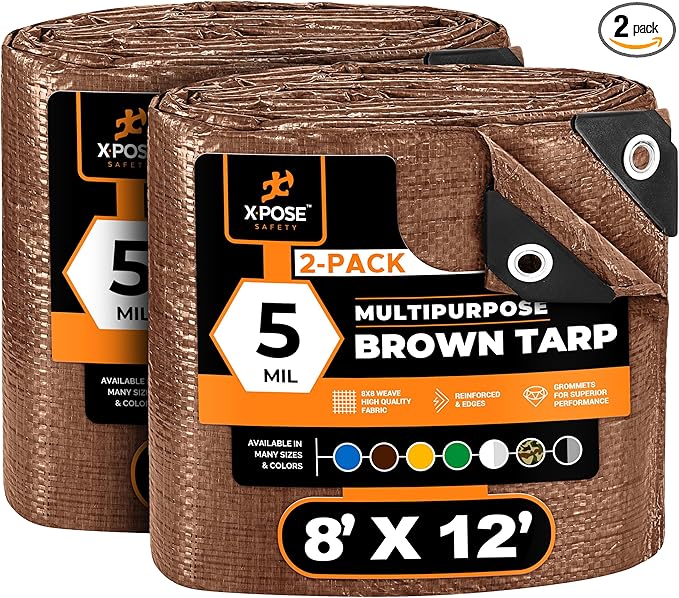 Multipurpose Protective Cover Brown Poly Tarp 8' x 12' (2-Pack) - Durable, Water Resistant, Weather Resistant - 5 Mil Thick Polyethylene - by Xpose Safety