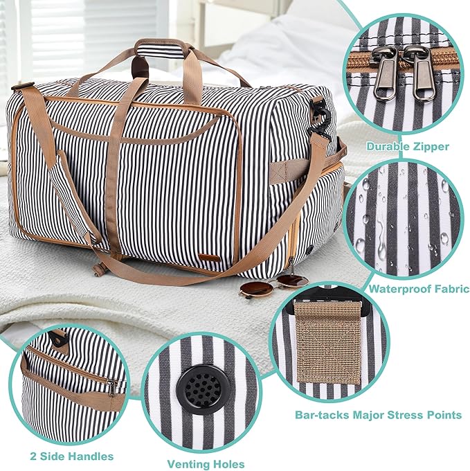 80L Duffle Bag for Travel, Large Foldable Waterproof Travel Duffel Bags Weekender Overnight Bag for Men and Women with Shoe Compartment (Stripe)