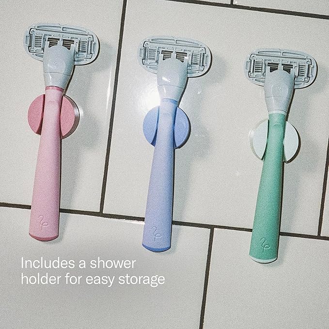 Flamingo Shaving Razor Set for Women - Original Razor Handle, 2 Blade Refills, Foaming Shaving Gel, and Shower Holder - Sage