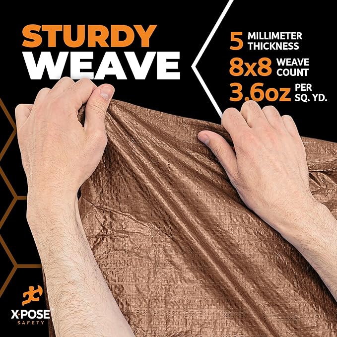 Multipurpose Protective Cover Brown Poly Tarp 15' x 30' - Durable, Water Resistant, Weather Resistant - 5 Mil Thick Polyethylene - by Xpose Safety