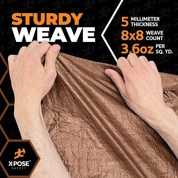 Multipurpose Protective Cover Brown Poly Tarp 10' x 15' - Durable, Water Resistant, Weather Resistant - 5 Mil Thick Polyethylene - by Xpose Safety