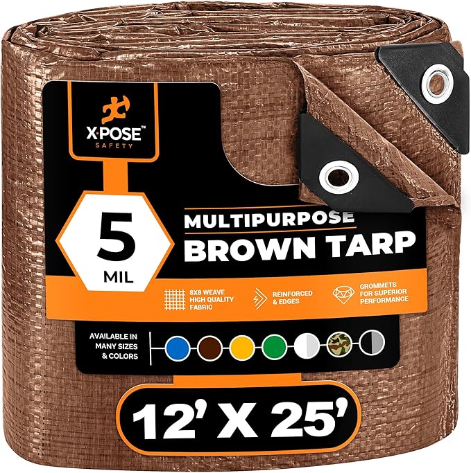 Multipurpose Protective Cover Brown Poly Tarp 12' x 25' - Durable, Water Resistant, Weather Resistant - 5 Mil Thick Polyethylene - by Xpose Safety