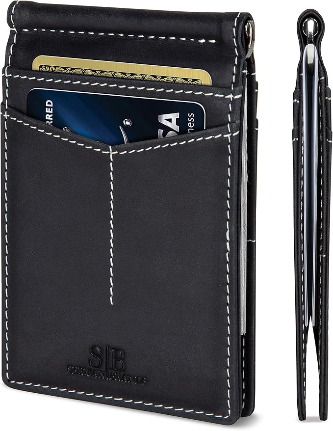 SERMAN BRANDS RFID Blocking Wallet Slim Bifold - Genuine Leather Minimalist Front Pocket Wallets for Men with Money Clip Gift