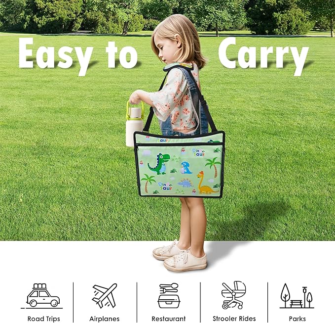 Kids Travel Tray, Kids Travel Trays for Car Seat, Road Trip Essentials for Toddler, Carseat Lap Tray with Dry Erase Board & Storage Organizer for Road Trip Activities for Kid, Green