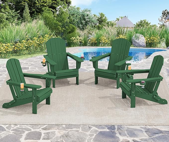 SERWALL Adirondack Chair with Cup Holders - Composite Adirondack Chairs Set of 4 HDPE Outdoor Chairs All Weather Use- Green