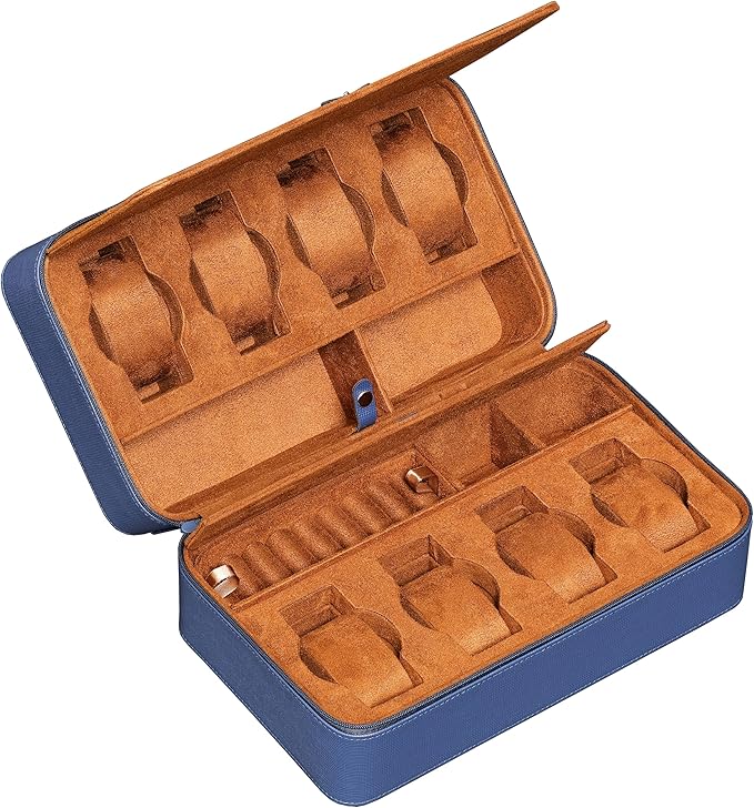 ROTHWELL 8 Watch Travel Case Storage Organizer for 8 Watches, Sunglasses, Rings & Cufflinks |Tough Portable Protection with Zipper Fits Most Wristwatches & Smart Watches Up to 50mm (Blue/Tan)