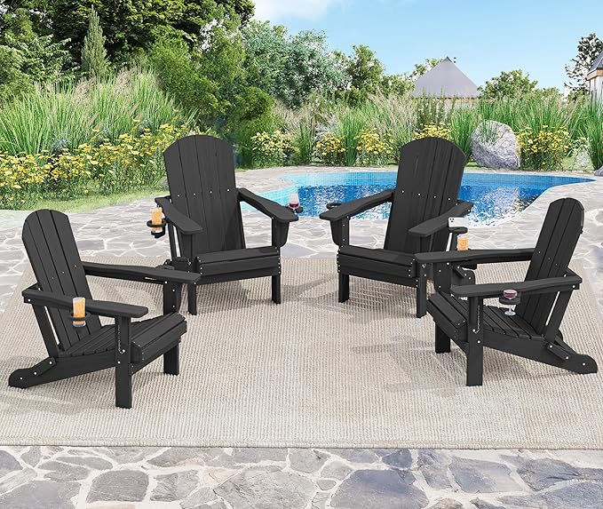 SERWALL HDPE Folding Adirondack Chair with Dual Cup Holder - Composite Adirondack Chair Set of 2- Black